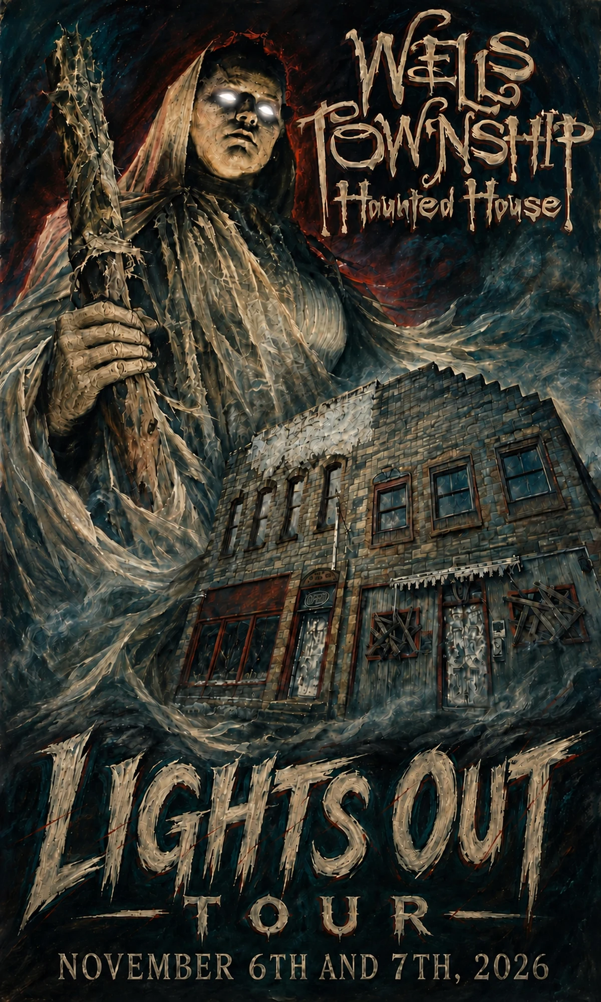 Wells Township Haunted House Lights Out Tour poster featuring a ghostly figure and the haunted house. November 6th and 7th, 2026.